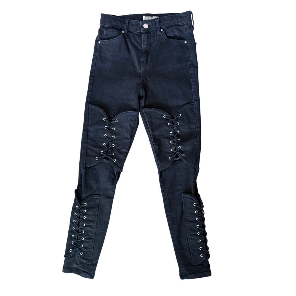 Topshop Moto Jamie High Rise Black Denim Pants Lace Up Jeans Size 26 Grunge